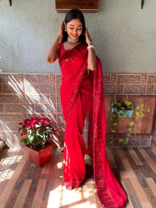 Ready to wear saree with cut work border and belt (one minute saree)