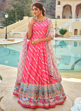 Fuschia pink embroidery and printed Dola silk gown