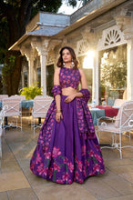 Tussar silk purple floral print Lehenga (skirt stitched)