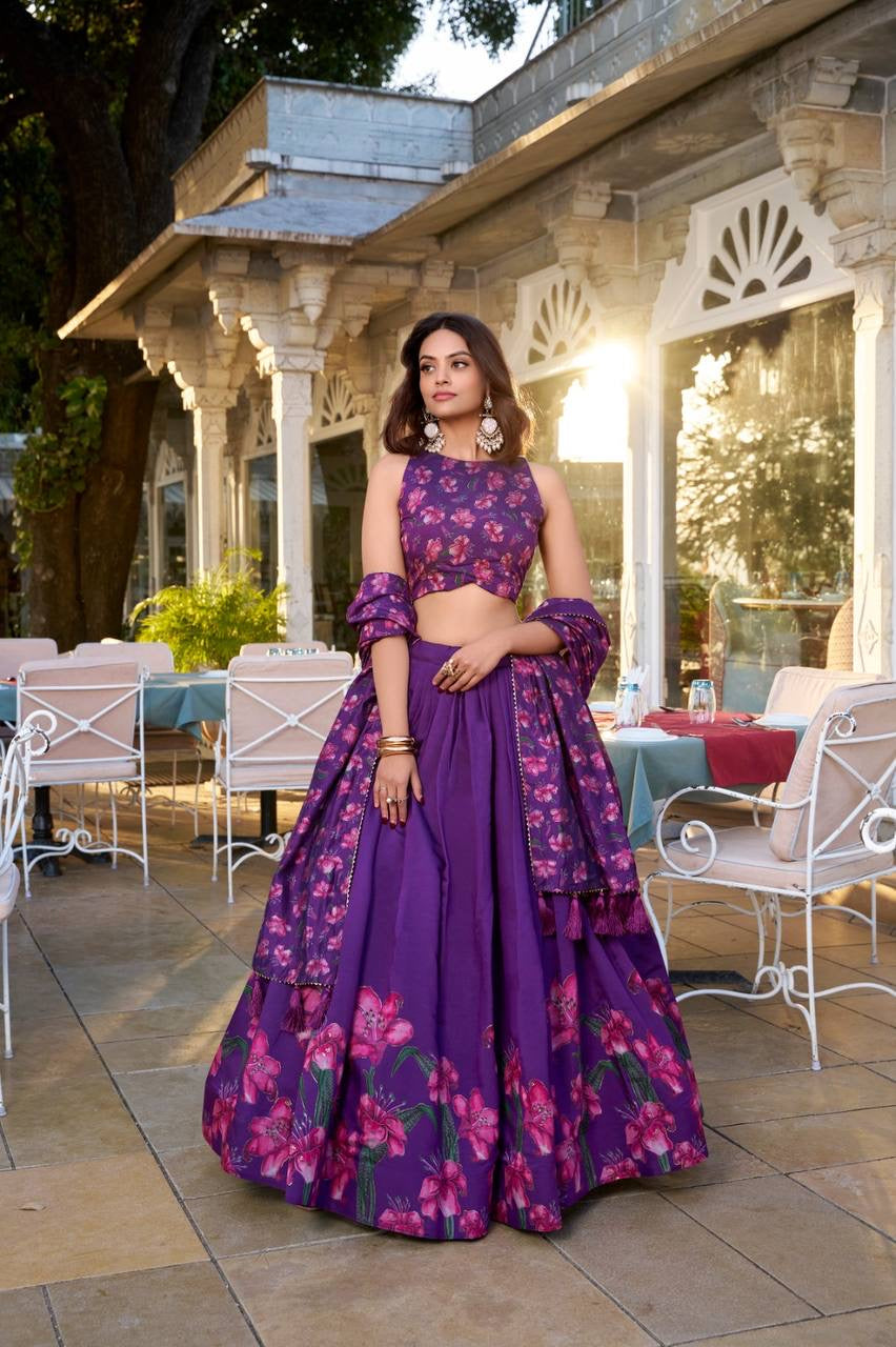 Tussar silk purple floral print Lehenga (skirt stitched)
