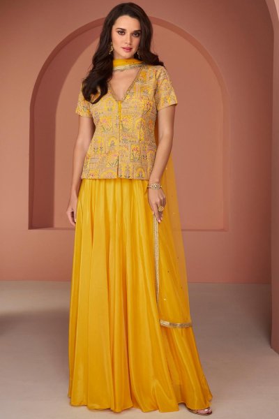 Janisha readymade - yellow embroidered jacket and palazzo
