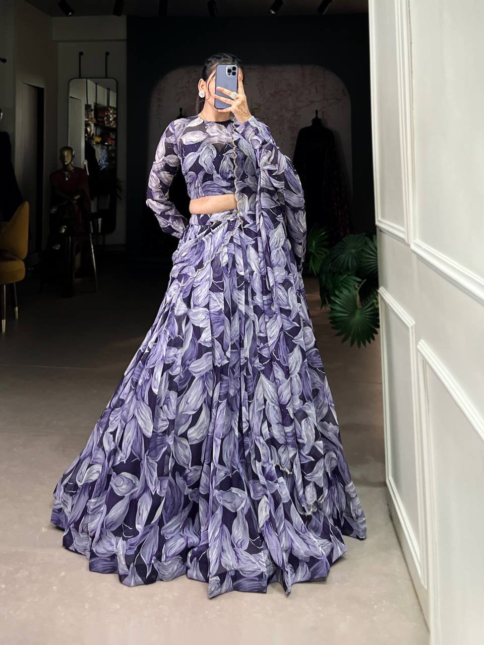 Graceful tabby silk printed Lehenga in navy blue(skirt stitched)