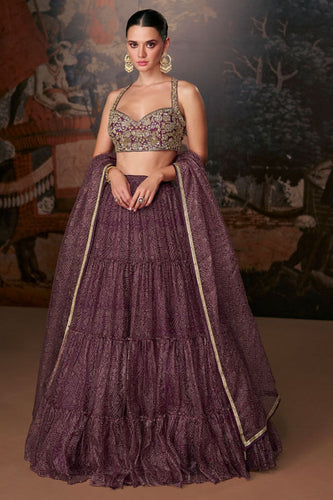 Wine tiered Organza silk readymade Lehenga (elbow sleeves attached)