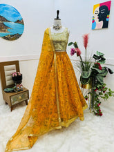 Yellow and gold organza silk floral readymade Lehenga
