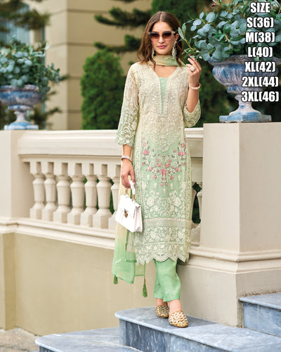 Pastel green - Soft organza embroidered salwaar kameez (also plus size)