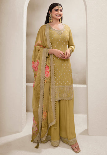 Prachi Desai mustard chinon silk suit