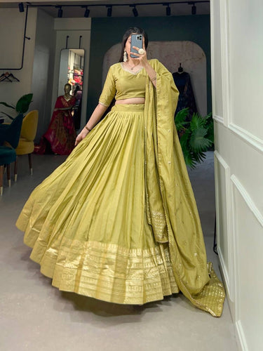 Grace and beauty Chanderi silk plain Lehenga in pista green (skirt stitched)