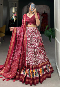 Tussar silk ikkat print Lehenga in maroon (skirt stitched)