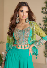 Sea green chinon palazzo bandhani print with short jacket