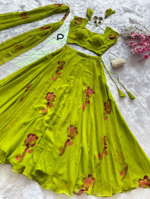 Lime green floral printed readymade Lehenga
