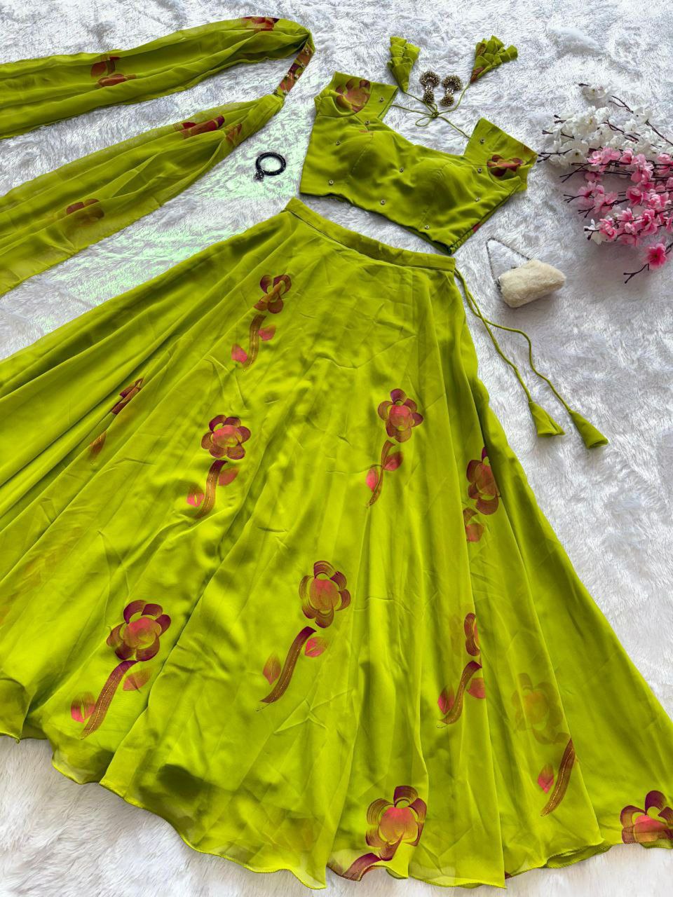 Lime green floral printed readymade Lehenga
