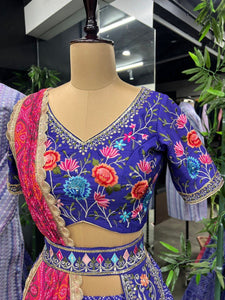 Purple traditional bandhani print readymade Lehenga (matching men’s kurta available)