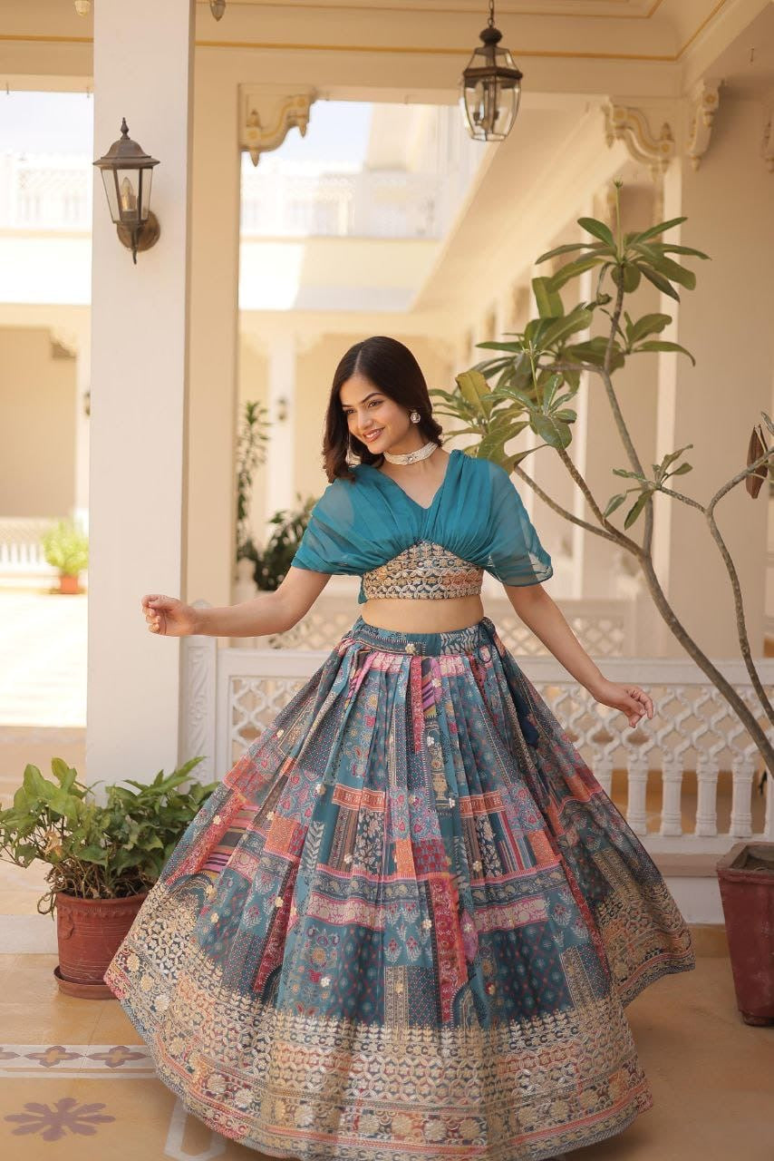 Indo western style Russian silk readymade Lehenga in blue