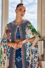 Blue and ivory floral printed cape sharara set