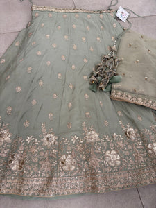 Pista green and gold chinnon embroidered Lehenga