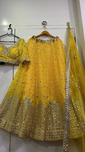 Yellow lightweight paper mirror work Lehenga