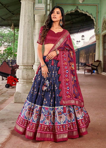 Tussar silk with patola print Lehenga in navy blue