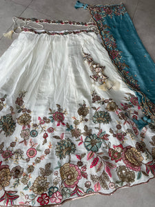 White embroidered Lehenga with sea green dupatta