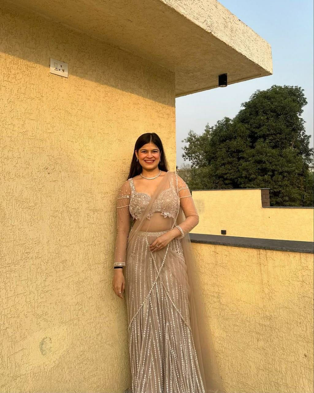 Taupe gold sequinned Lehenga (stunning blouse design)