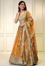 Mustard yellow organza bird and floral print Lehenga