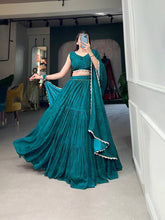 Teal georgette printed lightweight readymade Lehenga