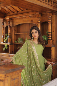 Pastel 5 layer gowns with sequinned dupatta in parrot green