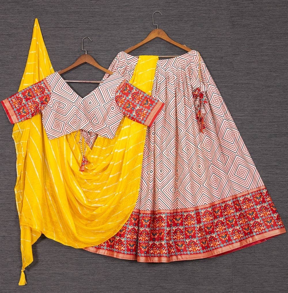 Cotton printed Lehenga with yellow leheriya dupatta