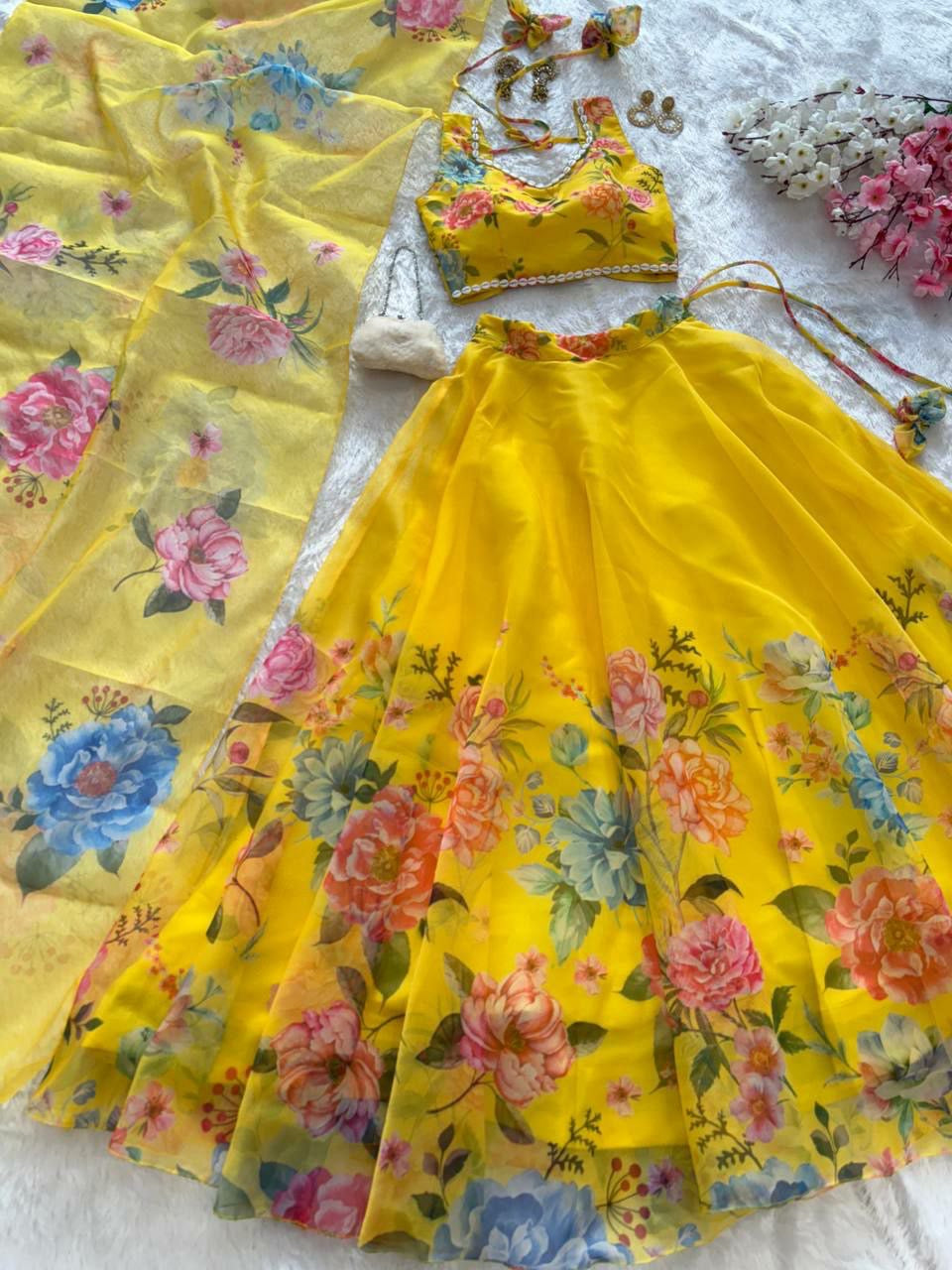 Yellow floral organza silk Lehenga readymade