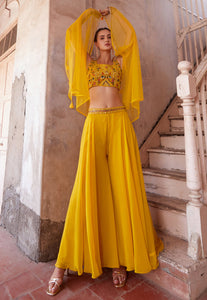 Yellow georgette palazzo with cape - readymade