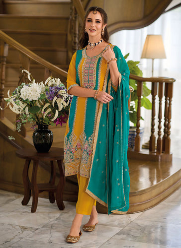 Jasmine - thread embroidered salwaar suits in turquoise and yellow