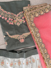Royal embroidered ombre lehenga set in grey and blush pink