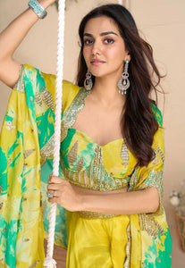 Embroidered chinon silk palazzo set in yellow and green