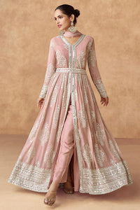 Peach pink front slit Anarkali with belt