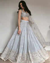 Silver satin silk thread work sequins Lehenga