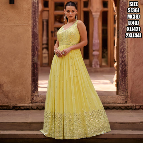 Janisha readymade - pastel yellow mirror work anarkali