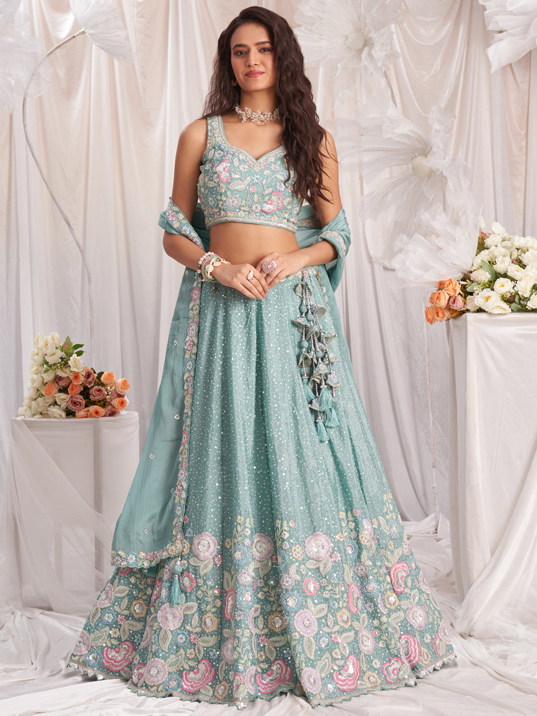 Sea green chiffon sequinned Lehenga