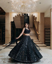 Black silk partywear mirror work Lehenga