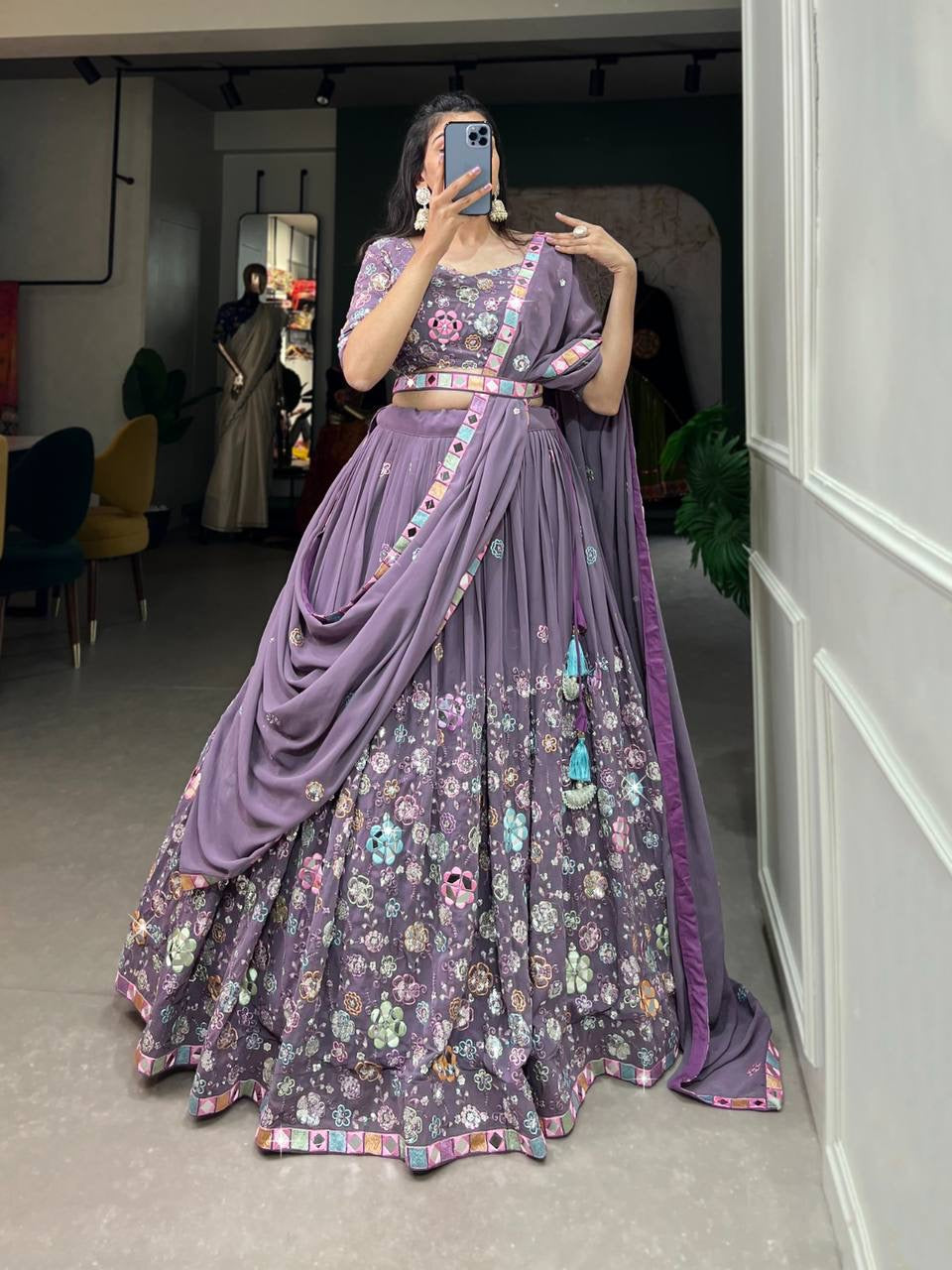 Mauve sequins and mirror work Lehenga