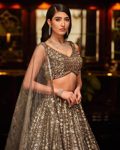 Exquisite grey gold satin partywear Lehenga