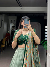 Tussar silk printed and iconic lehenga in green (skirt stitched)