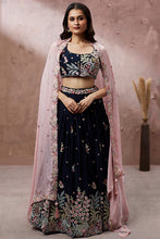 Navy blue dori embroidered silk Lehenga