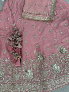 Pink and gold chinnon embroidered Lehenga