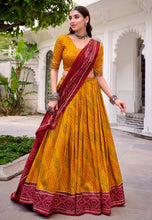 (Tussar silk bandhej print Lehenga in mustard (skirt stitched)