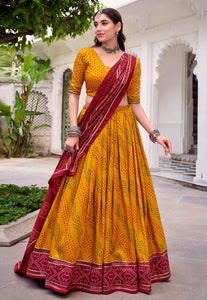 (Tussar silk bandhej print Lehenga in mustard (skirt stitched)