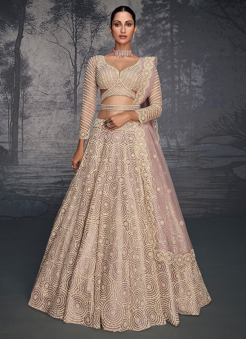 Blush pink net embroidered readymade lehenga with belt