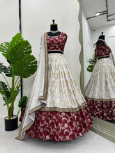 Red and off white jacquard Lehenga