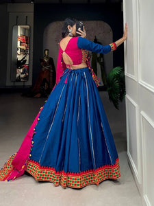 Blue and pink pure cotton readymade Lehenga