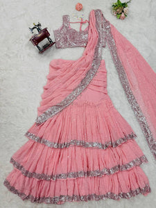 Light pink sequinned layered Lehenga saree