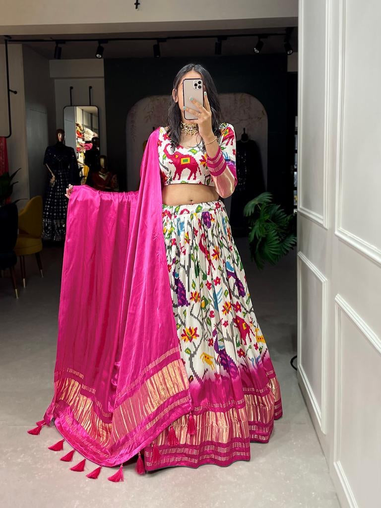 White and pink gaji silk Lehenga (skirt stitched)