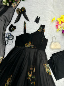 Black organza floral one shoulder style anarkali